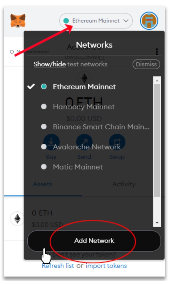 Using the "Add Network" option in MetaMask - First step in learning how to connect MetaMask to Fantom.