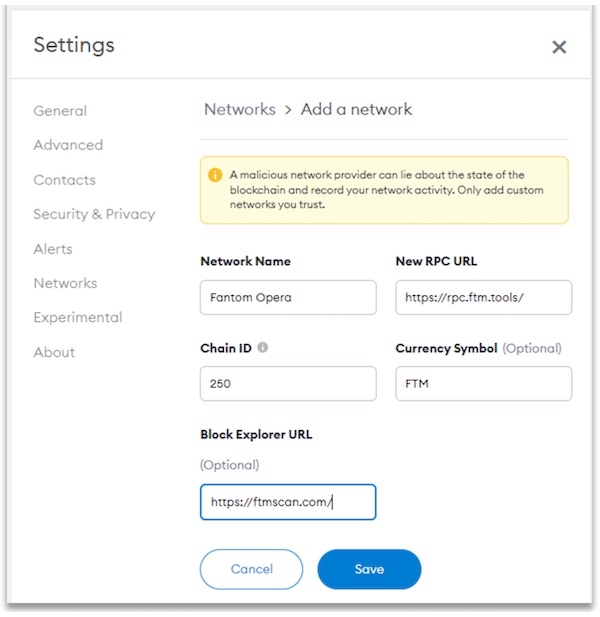 Fantom details needed to connect MetaMask to Fantom.