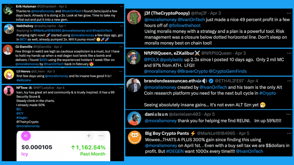 Twitter testimonials of people using Moralis Money