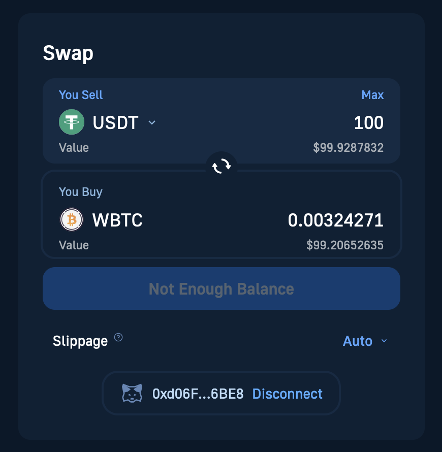 Cryptocurrency Swap User Interface Example