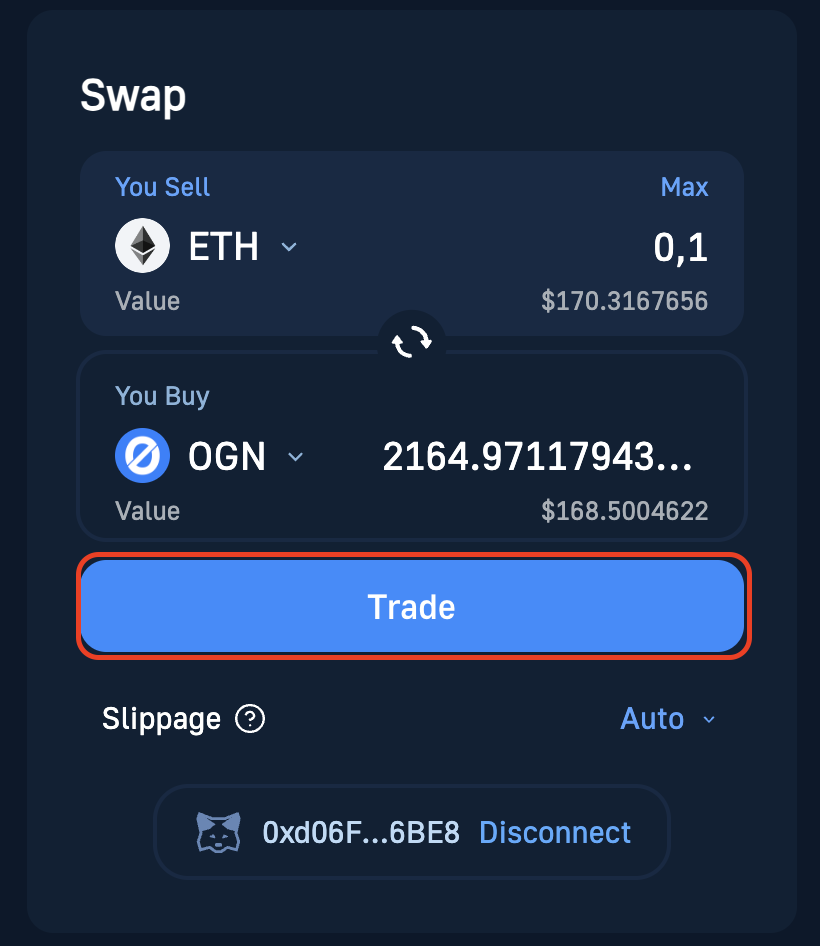 Step 3, click on the Trade button to execute the OGN token swap