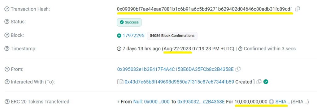 SHIA coin-minting-tnx-on-Etherscan