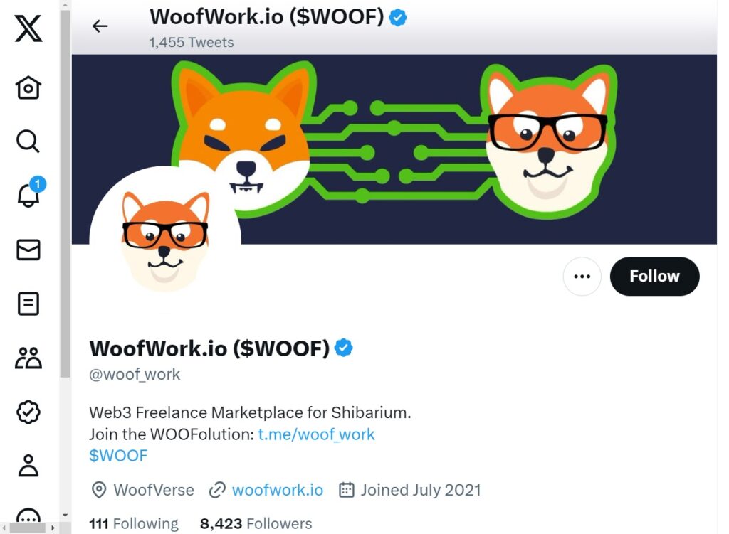 official twitter (X) relationship  of the woof token crypto project