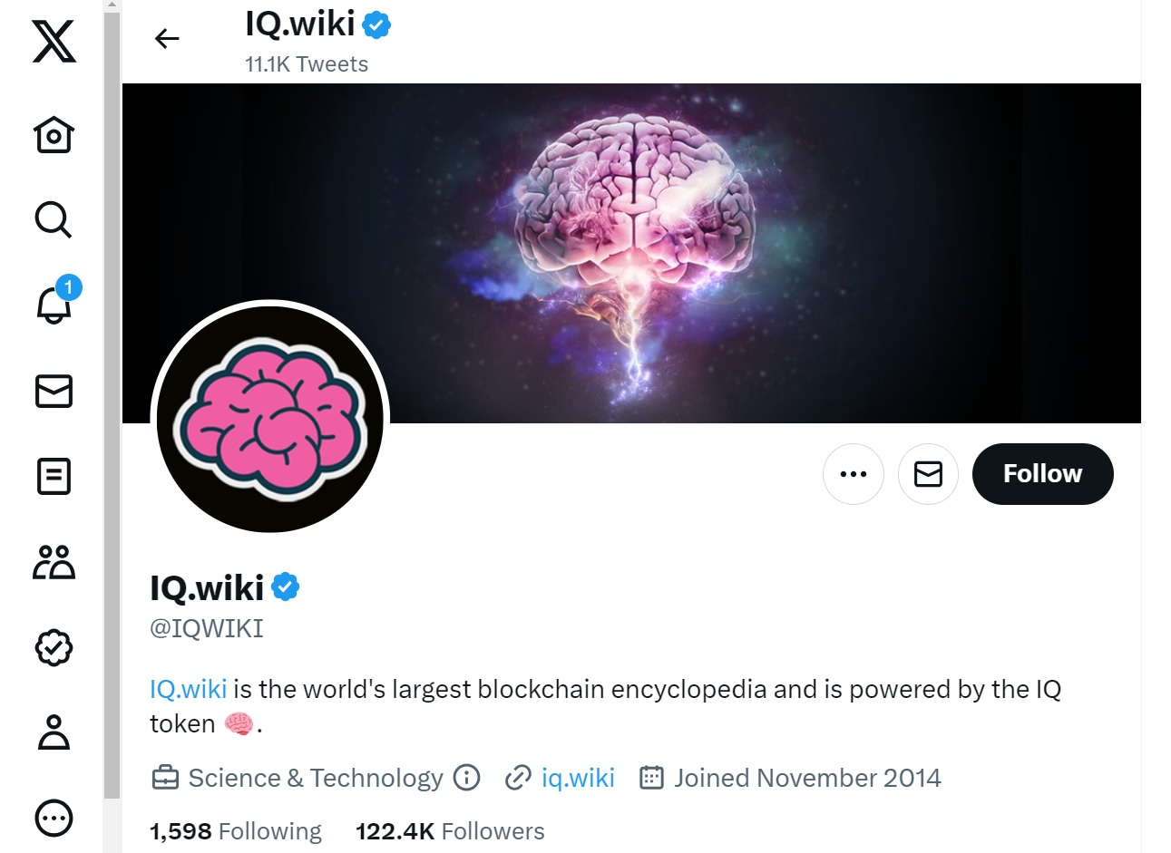 IQ crypto official X (formerly Twitter) account page