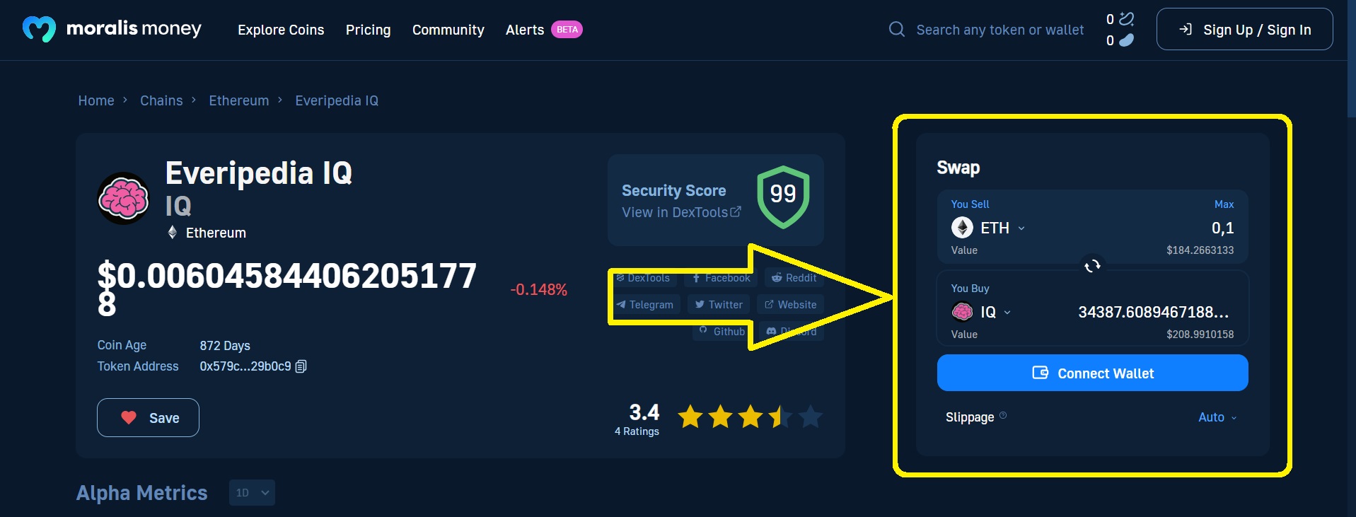 Moralis Money Swap Module showing how to buy/swap the IQ coin