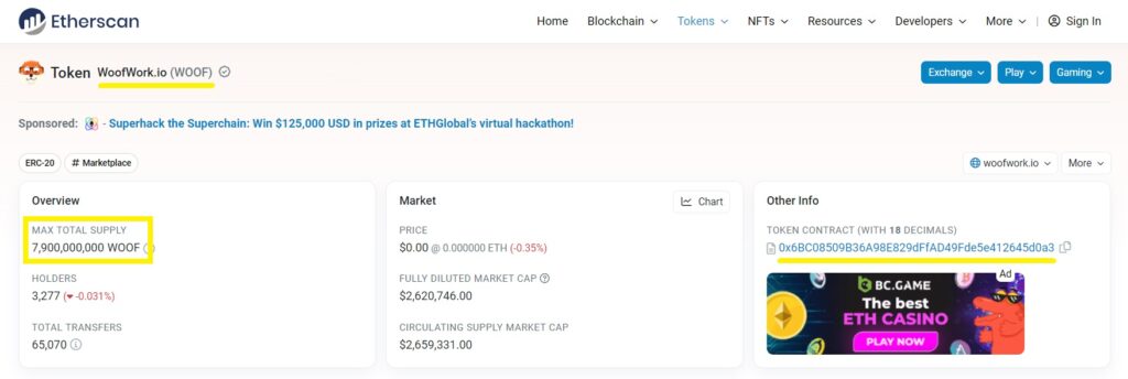 etherscan information  for the WOOF coin