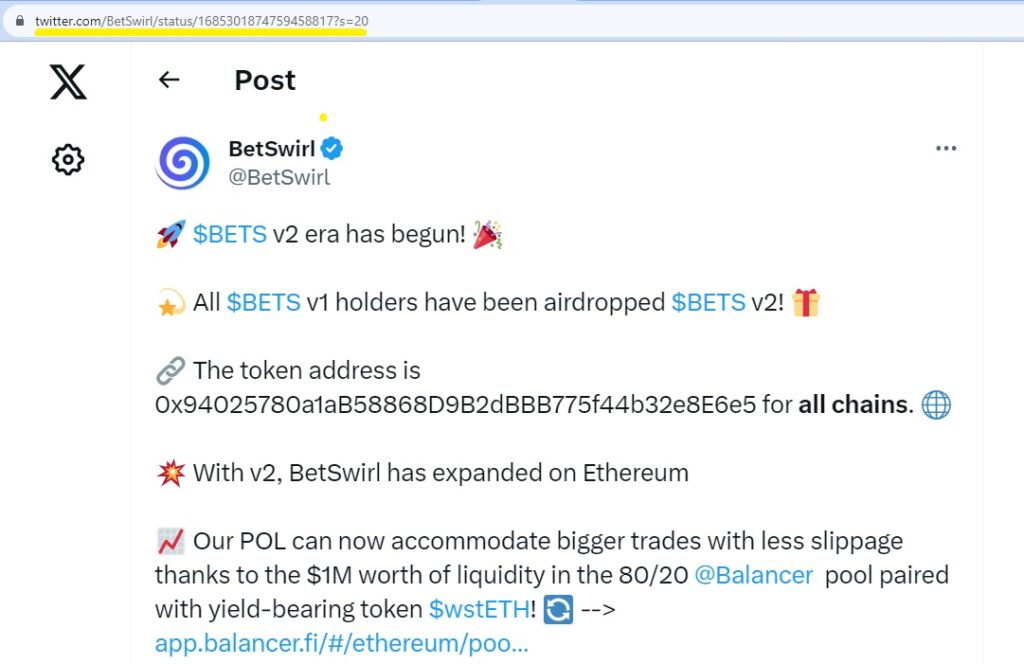 BetSwirl v2 announcement on X
