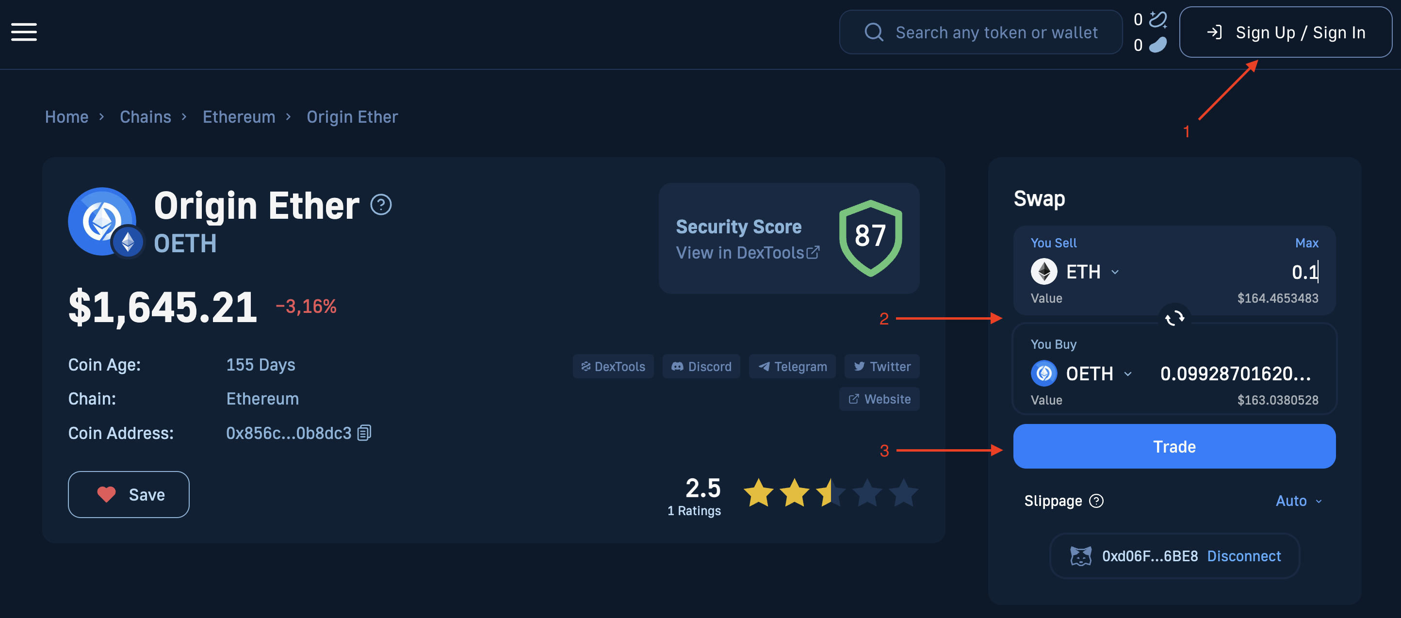 Showing Moralis Money's OETH coin swap feature