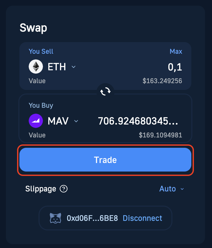Clicking the Trade Maverick (MAV) Coin button