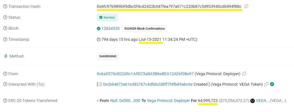 Etherscan page of the VEGA token from Vega Protocol