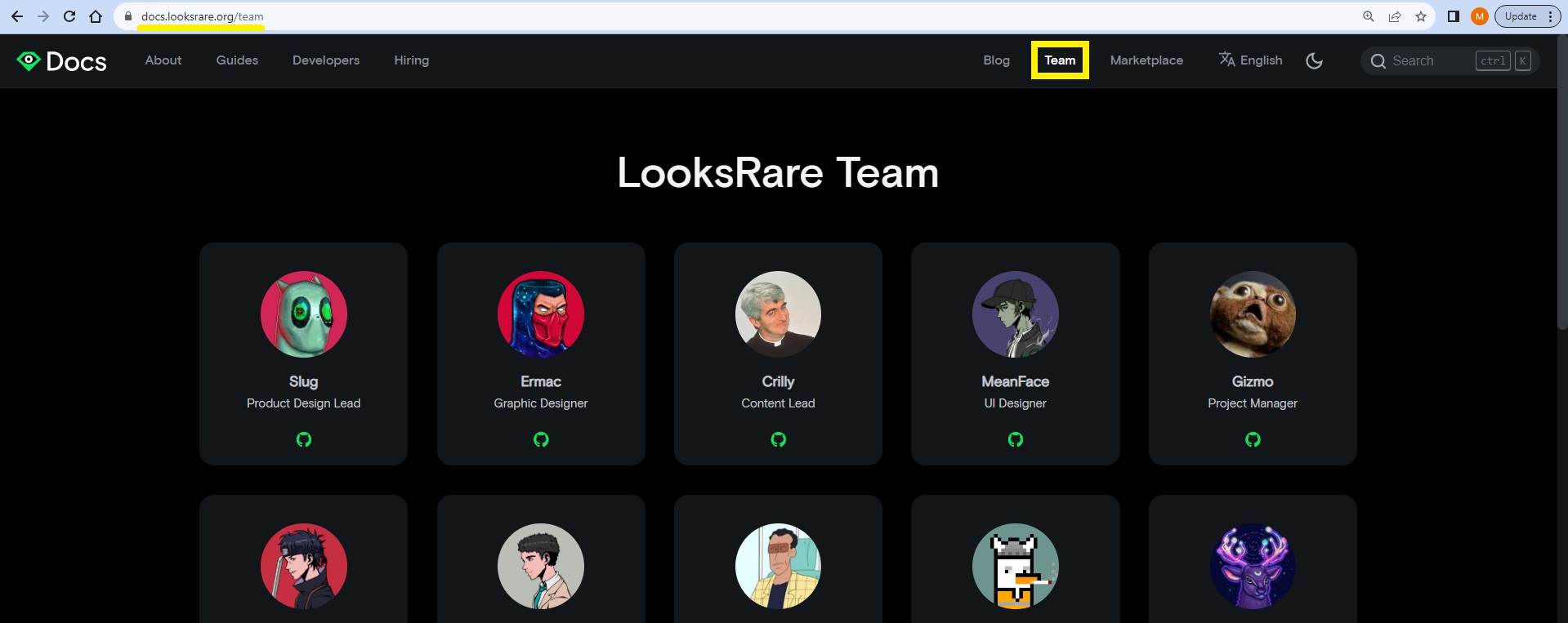 LooksRare Team Displayed on their official website